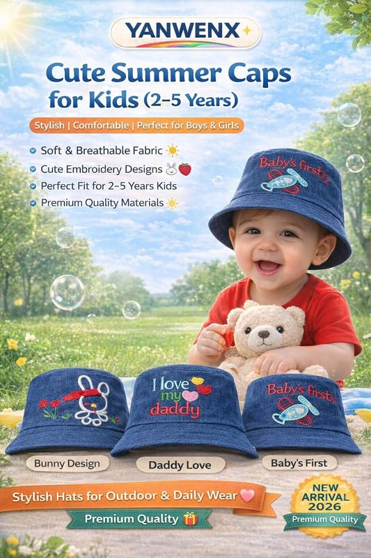 Yanwenx Kids Cotton Denim Bucket Hat with Embroidered Cartoon & Text Patch – Summer Cap for Boys & Girls (2-5 Years) Breathable Sun Protection Outdoor Hat_Multicolour-2 4