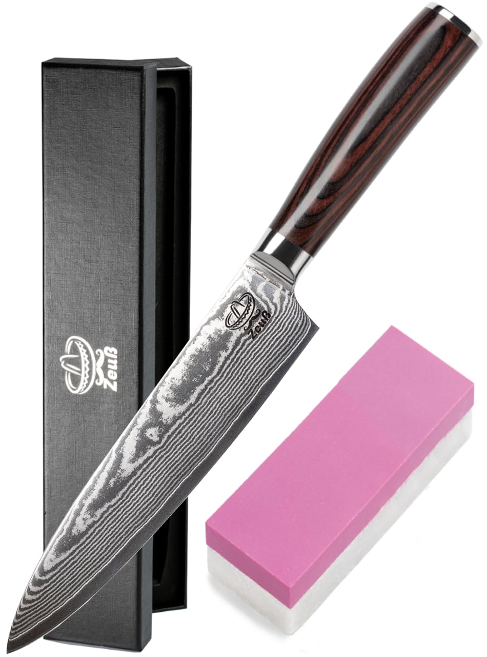 Damastmesser Küchenmesser XL (32cm) TÜV geprüfter 62 HRC Damaststahl aus 67 Lagen I Damast-Küchenmesser Chefmesser Kochmesser mit Schleifstein Holzgriff Geschenkbox und Klingenschutz