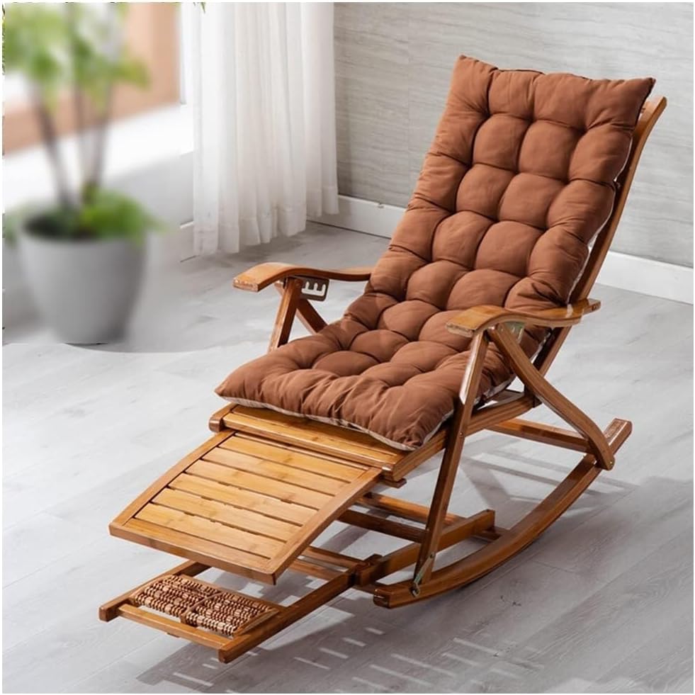 Wooden Rocking Chair with Ottoman – Adjustable 5-Position Lounge Cushion, Mid Century Bamboo Frame, Ergonomic Patio Chaise for Living Room, Office, Bedroom(Brown)