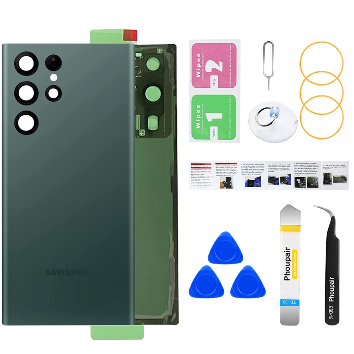 Phoupair OEM Back Glass Replacement Compatible with Samsung Galaxy S22 Ultra 5G with Professional Repair Kit and Installation Instruction (Green)