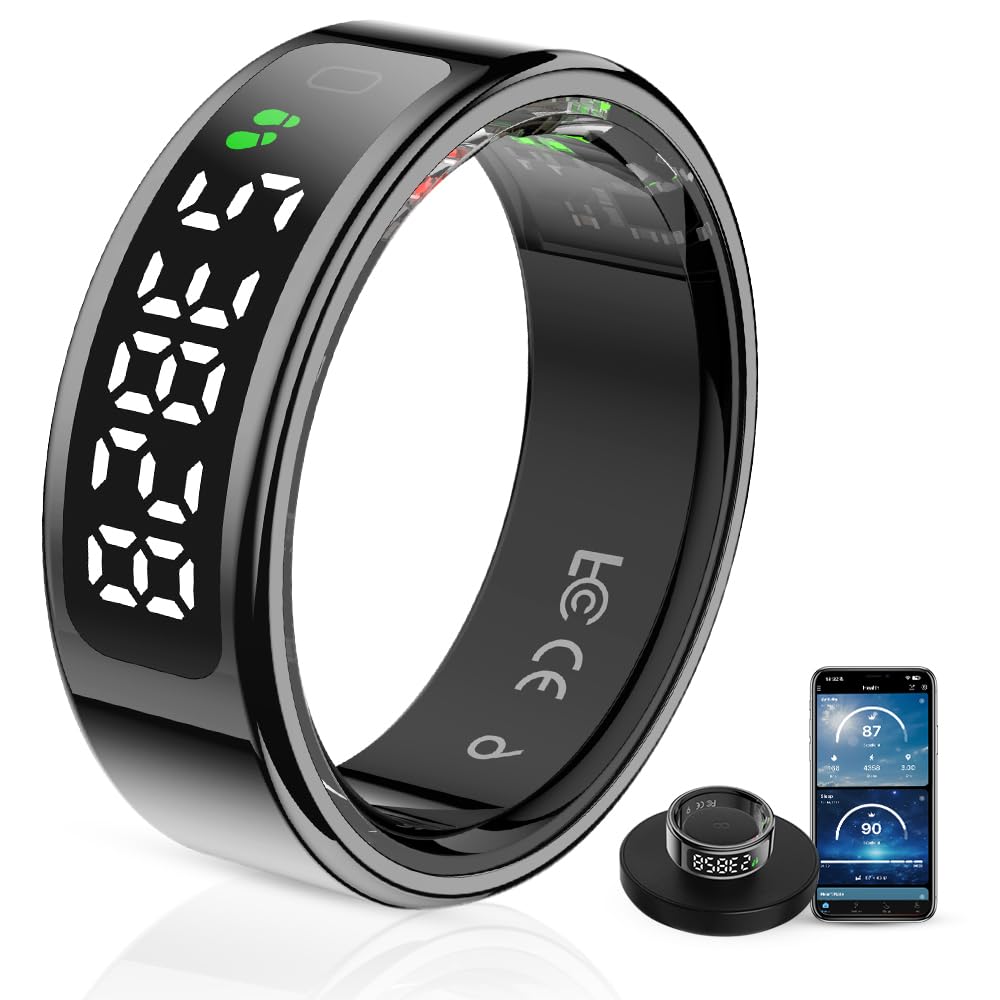 LCD Display Smart Ring - Sleep Tracker Touch Control Ring with Heart Rate Blood Oxygen Step Counter Wireless