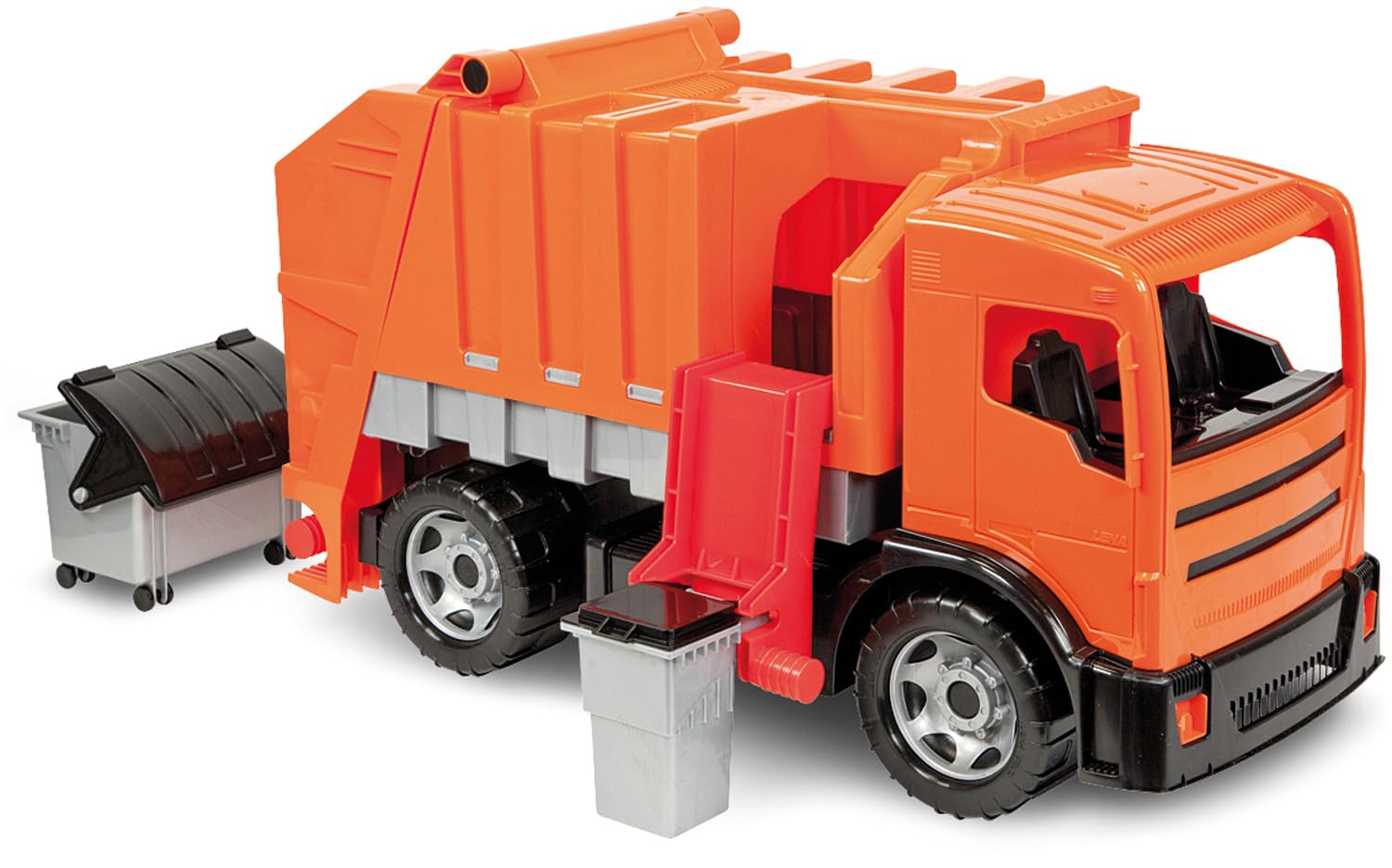 Lena 02166 Starke Riesen Müllwagen, Giga Trucks Müllfahrzeug ca. 72 cm, robuster Müll LKW mit 2 Achsen, Müllauto Funktion und 2 Mülltonnen, XXL Spielfahrzeug für Kinder ab 3 Jahre, Orange