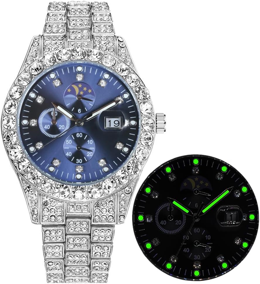 Hip Hop Watches for Men Iced-Out Bling Diamond Watch Luxury Quartz Date Watches (42mm 3 Eyes Luminous Silver Blue)