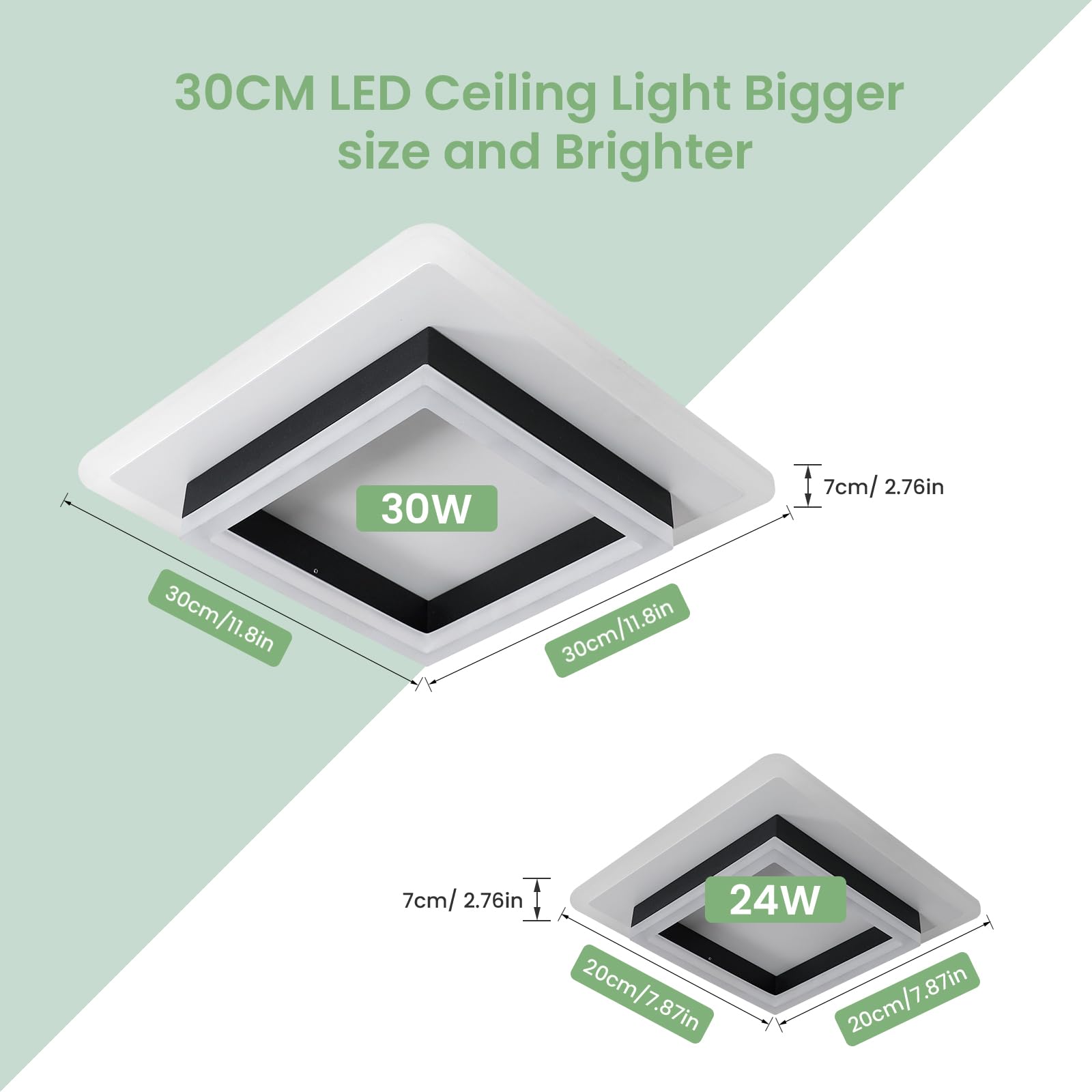 Plafoniera LED, 30W 3400LM Lampada da Soffitto Moderna Quadrata Nero, Plafoniera in Acrilico 30CM per Camera da Letto Soggiorno Cucina Corridoio, 6500K Luce Bianca Fredda