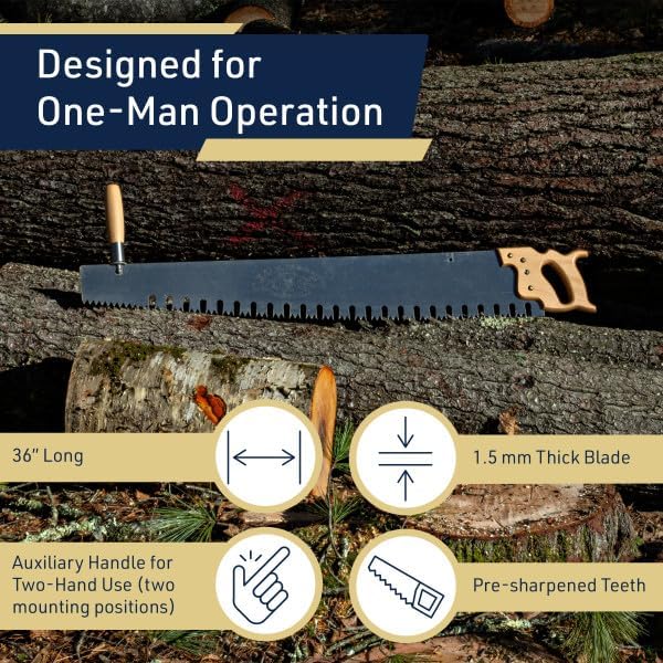 Hand Saw for Wood Cutting - 3’ One Man Crosscut Saw for Logging with Screw-on Auxiliary Handle, Great American Style Teeth, and Self-Clearing Gullets by Kings County Tools
