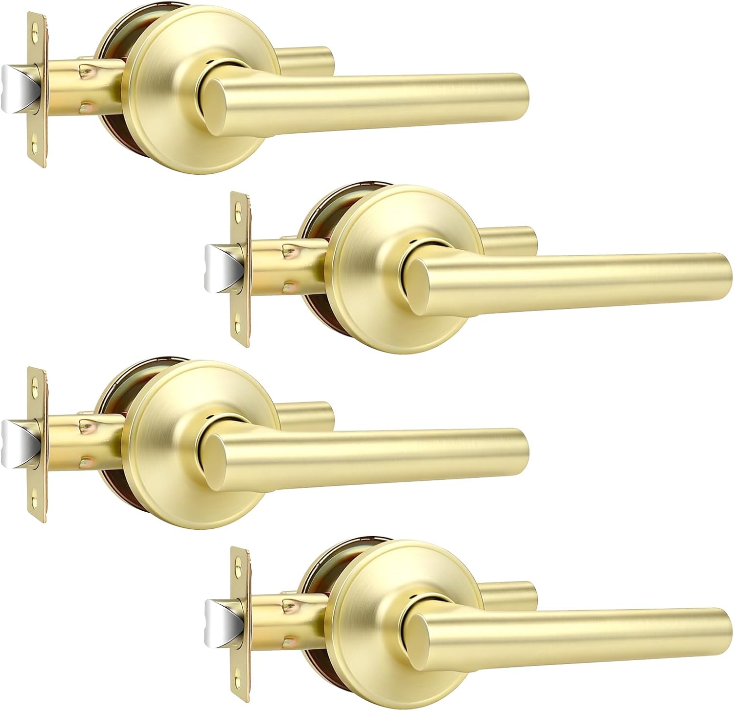 4 Pack Passage Gold Door Handles, Brushed Gold Keyless Door Lever Non-Locking Lever Set Indoor for Hallway Closet, Heavy Duty Door Handle Interior for Left Right Sided Doors，Brass