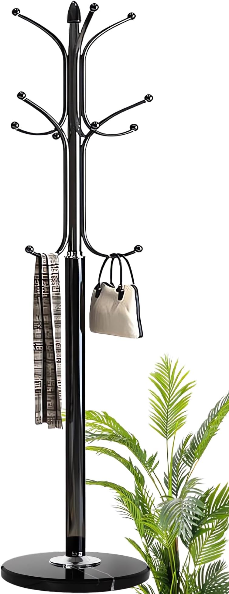 AUTOYSUR Metal Coat Rack Stand with Natural Marble Base, Tree Coat Rack Stand, Free Standing Hall Tree with 12 Hooks for Hanging Scarf, Bag, Jacket, Home Entry-way Hat Hanger Organizer (Black)