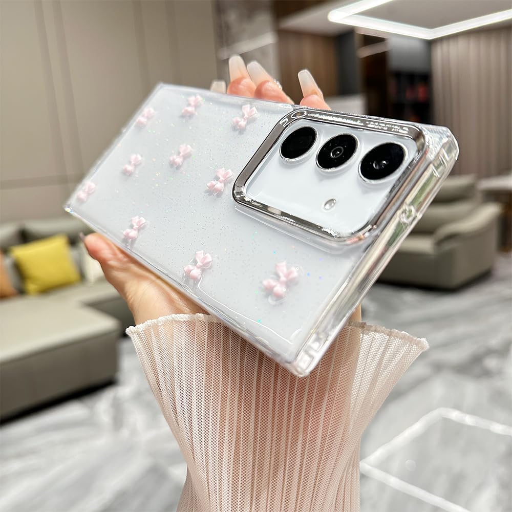 Case for Samsung Galaxy S24 / S25 Plus 6.7", Bling Glitter 3D Bow Cute Sparkly Crystal Clear Bowknot Aesthetic Design Phone Case Soft TPU Transparent Protective Cover for Women Girls, Pink image 3