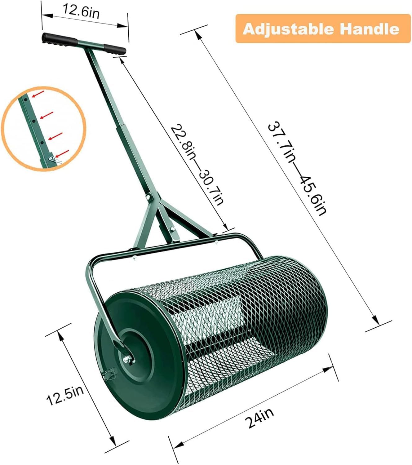 Distribuidor de Compost de 24" con Musgo de turba y pestillos mejorados - Distribuidor de Fertilizantes de Malla metálica Resistente para césped y Semillas Multiusos (Verde)