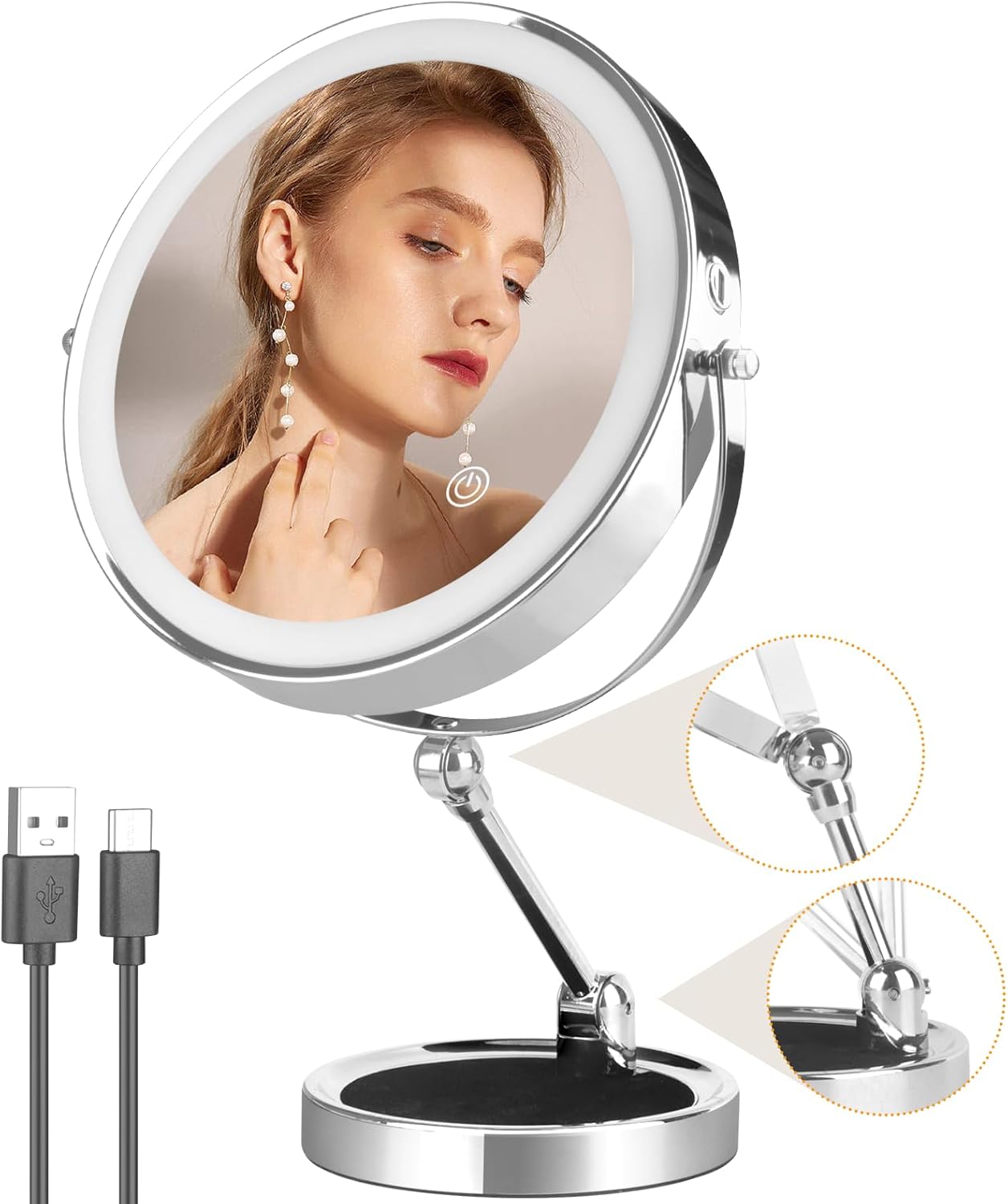 9" Makeup Mirror with Lights,3000mAh Rechargeable 1x/10x Magnifying Mirror with Light, 360 Rotation Double Sided Lighted Makeup Mirror with Magnification, 3 Colors Brightness Adjustable Vanity Mirror Chrome 14"L x 8"W