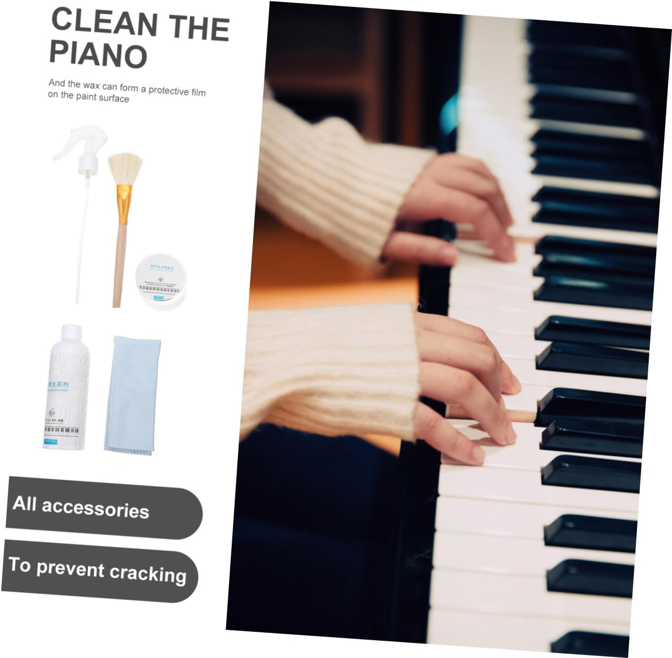 Piano Care Kit with Cleaning Cloth Dust Brush Polishing Wax Essential Piano Maintenance Tools for Pianists and