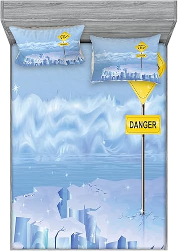 Lunarable Juego de sábanas y fundas de almohada de invierno, letrero de peligro de oso polar en Iceberg Arctic North Snowy Cracked Illustration,
