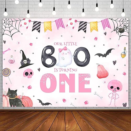 Sendy Decoraciones de Halloween para fiesta de primer cumpleaños de 7 x 5 pies, telón de fondo de niña con texto en inglés "Our Little Boo is