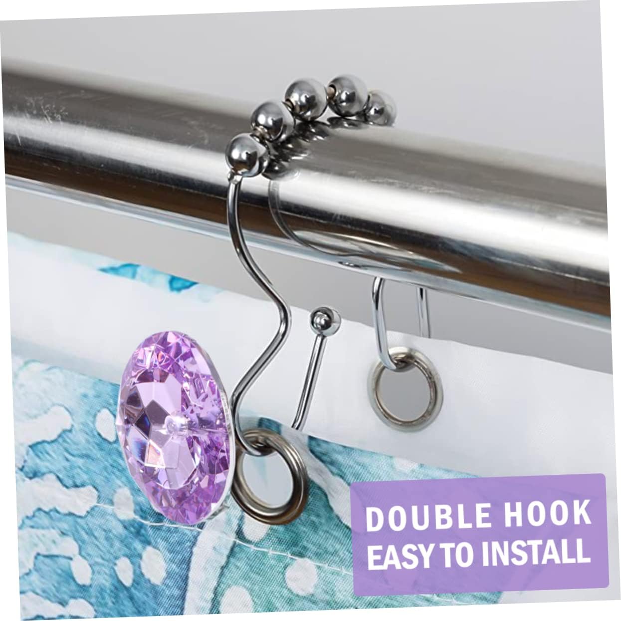 SHOWERORO Shower Curtain Hooks Double Glide Rings 12PCS Rust Resistant Colorful Rhinestone Design for Bathroom and Shower Use