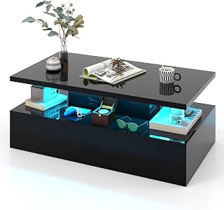 COSTWAY LED Coffee Table, High Gloss Cocktail Center Table with 20 RGB Light Colors, Adjustable Speed, Brightness and Storage Shelf, Modern Wooden Rectangle Tea Side Table for Living Room (Black)