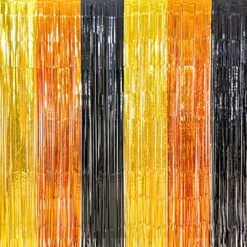 Image of 4 Pack Construction Foil Fringe Curtain-13.2x6.6ft Yellow Orange Black Tinsel Backdrop, Construction Theme Party Supplies for Car, Truck, Caution Tape, Boy Birthday Decoration, Baby Shower