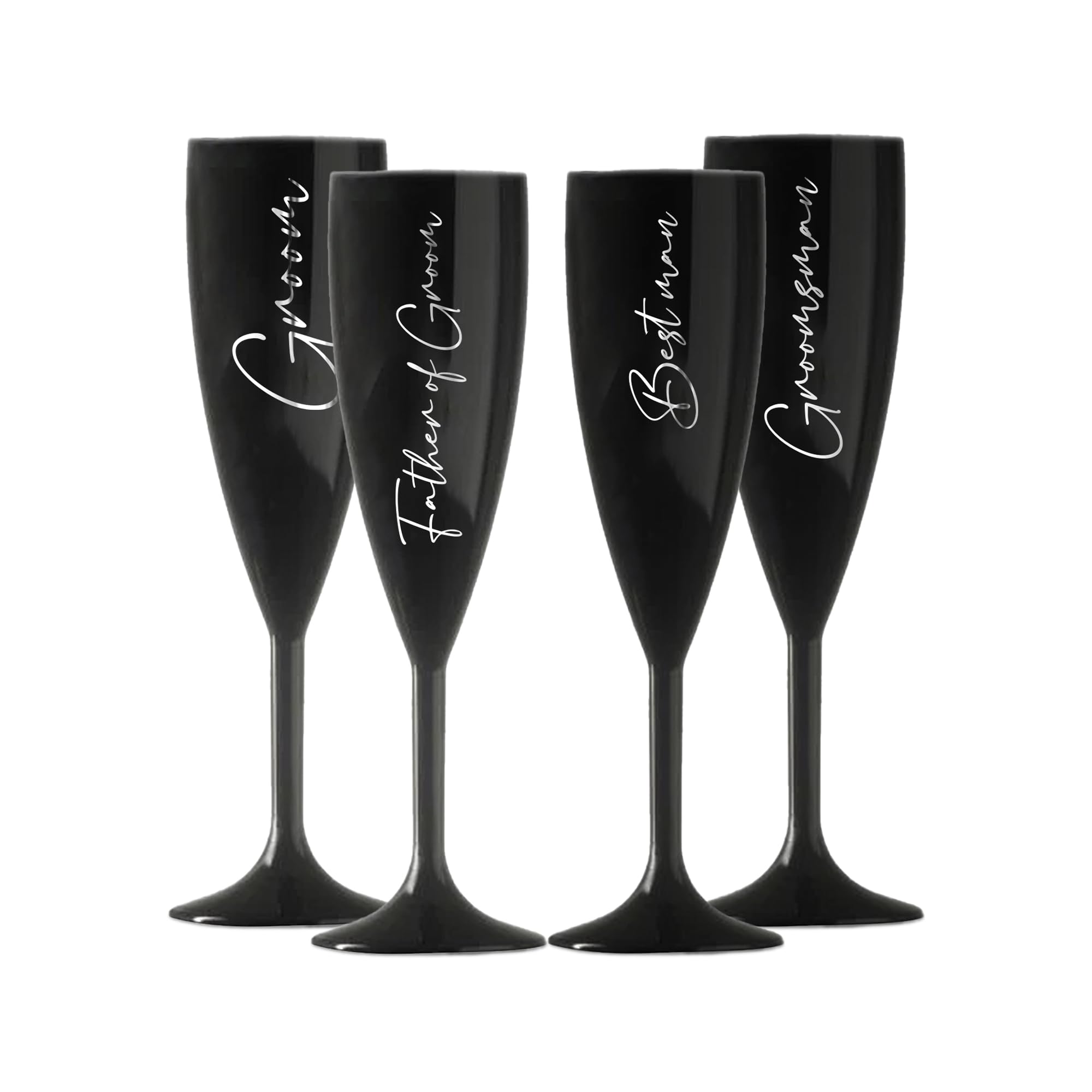 Print Maniacs Champagne Premium Black Flute Glass Bride Groom Mr Mrs Wedding Maid Honour Wine Cocktail Prosecco Celebrations Gift (Silver, Set of 4 Grooms Set)