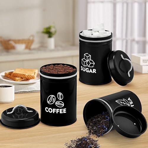 Miniatura 5 de P&P CHEF Juego de 3 botes de cocina de metal con tapa para té y café, tarros de almacenamiento de alimentos, recipientes vintage para dulces,