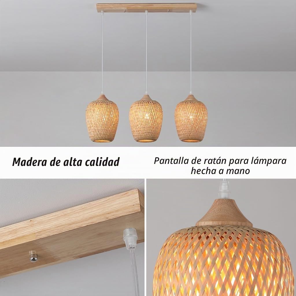 Lámpara De Techo Boho Lámpara De Ratán Retro Lampara Techo Ratan Lampara Mimbre Colgante De Madera 3 Luces Lámpara De Techo Boho Con Pantalla De Ratán Para Comedor Salón Cocina Bar, 54cm