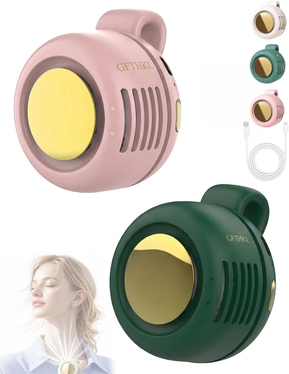 Portable Silent Mini Bladeless Electric Fan, 360° Rotatable Clip On Fan for Shirt & Waist, Adjustable 3-Speed Suspended Whirlwind Fans, for Outdoor & Travel & Office (Pink Green White)