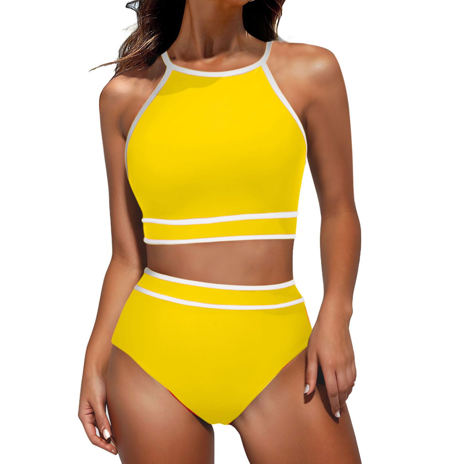 Women Two Piece Bikini Set Racerback Modest Bathing Suit Sporty High Neck Crop Top with High Waisted Bottom