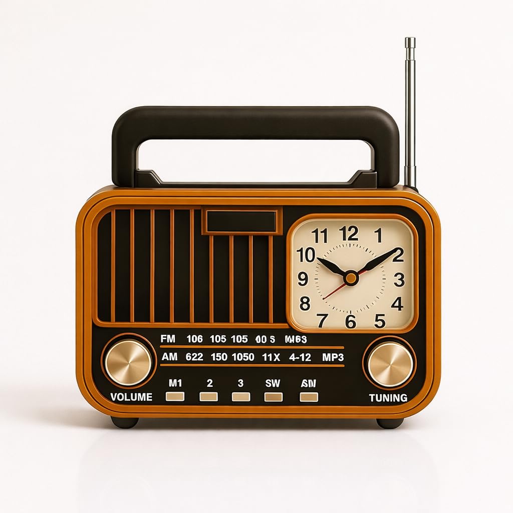 FM Radio with Bluetooth Speaker with Powerful Sound | Vintage Style | Antenna 6w-12 Hours and Clock Design | USB Charging | AUX, SD Card, USB Input (Vintaeg-S669)