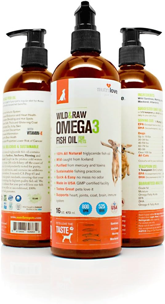 NutriLove Fish Oil for Dogs 16oz - Large & Small Dog and Cats – Omega 3 6 9 Fatty Acids Higher Than Salmon Oil - Wild Supplement - Dry Skin, Healthy Coat, Heart, Immune System, Joints - Made in USA