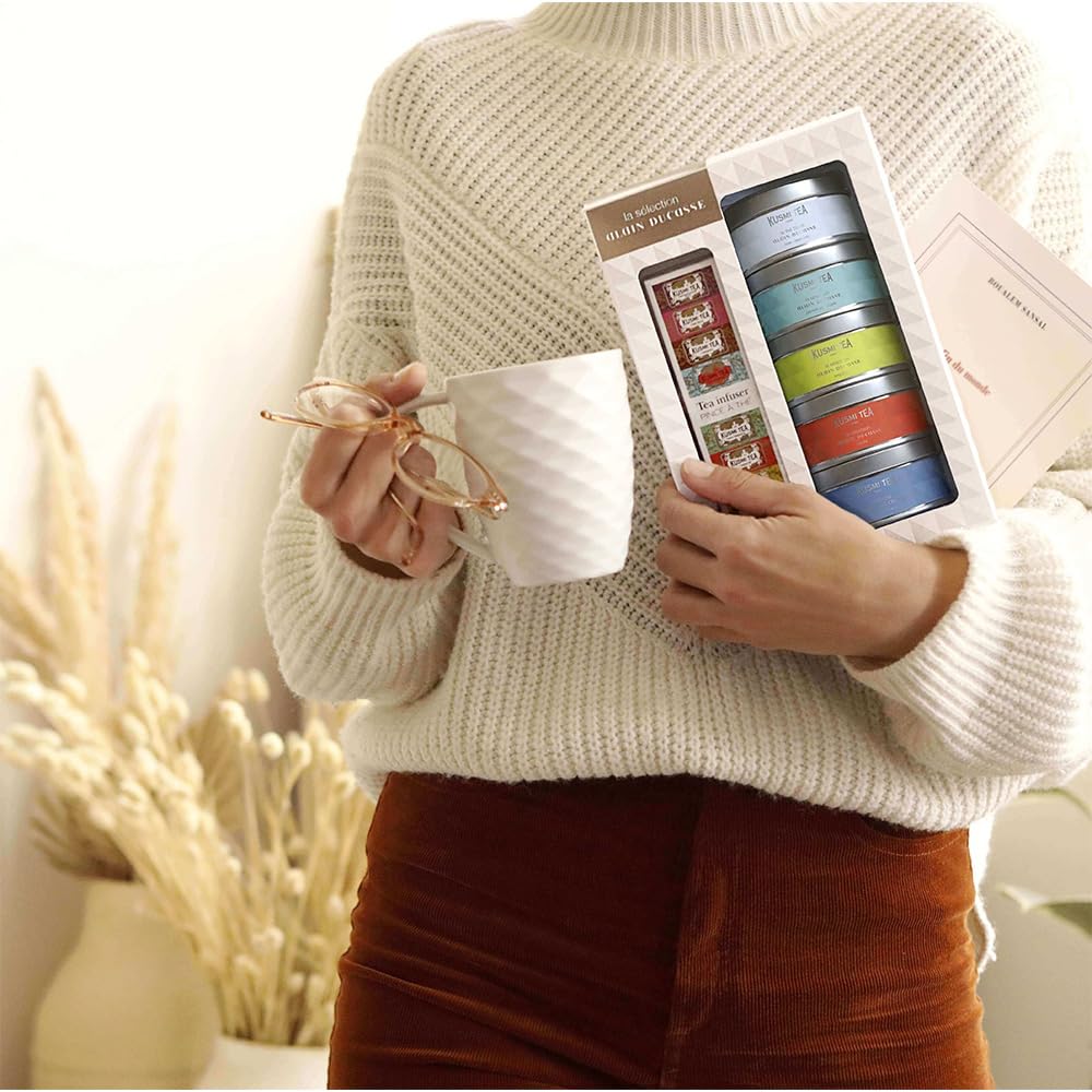 Kusmi Tea - Surtido de Té para Regalo Alain Ducasse y Colador Té - 100% Orgánico - Pack de Regalo para Mujer u Hombre - Hojas Sueltas - 5 Variedades en Latas de 25 g