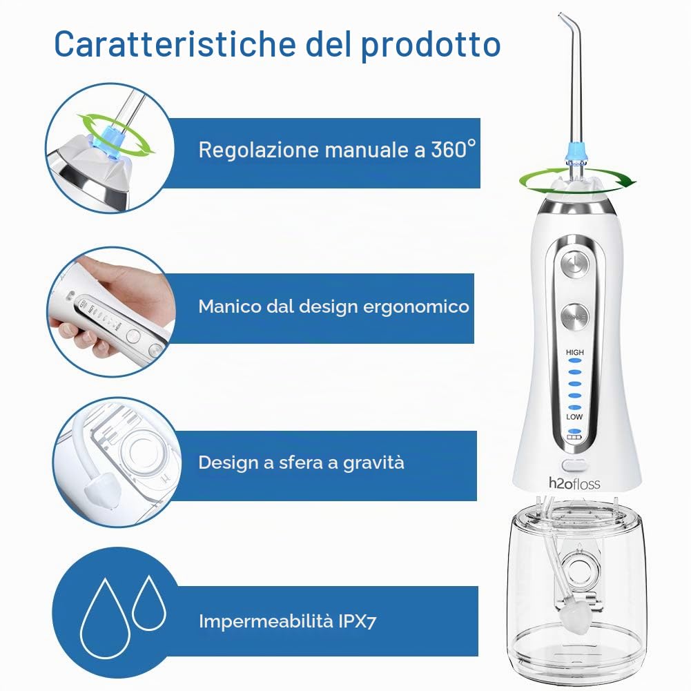 Idropulsore Dentale Portatile Professionale - 5 Modalità Irrigatore Orale Ricaricabile, 300 ml di Grande Capacità 6 Ugelli con IPX7 Impermeabile, Per Pulizia Denti Tartaro Bianca