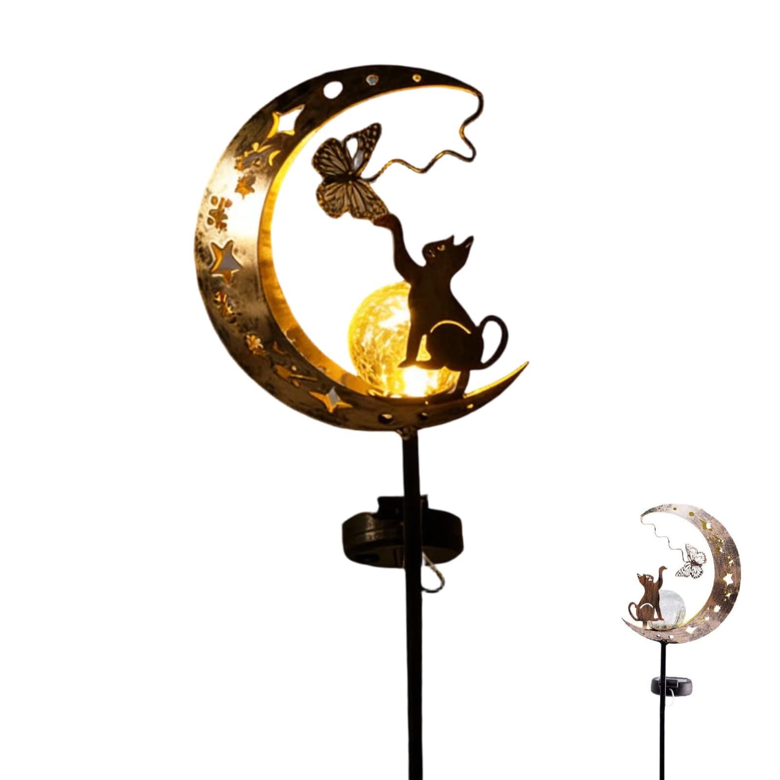 Vasedre Solar Lights Outdoor Garden, Fairy Tale Metal Solar Stake Lights, Waterproof Moon & Cat Garden Ornaments Outdoor with Warm and Healing LED for Pathway Lawn Patio Grave