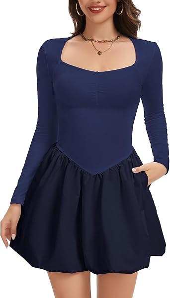 CAPE CLIQUE Long Sleeve Mini Dress for Women Sweetheart Neck Casual Bubble Dress A Line Drop Waist Short Dress with Pockets