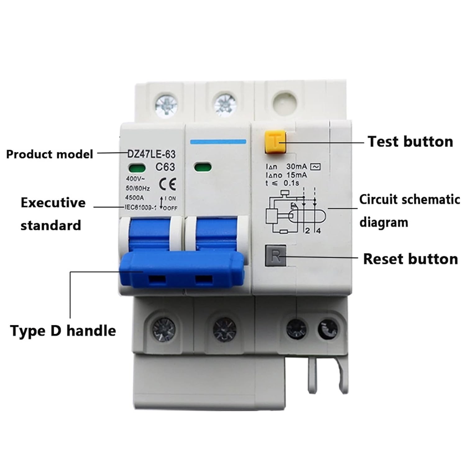DZ47LE-63 Household Miniature Circuit Breaker 1P/2P/3P/4P Air Switch with Leakage Protector Three-Phase Main Gate 1Pcs(2P,63A)