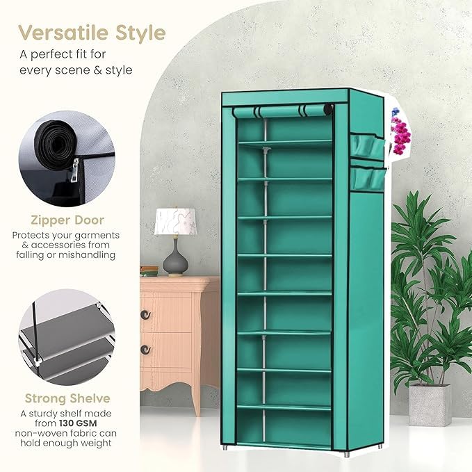 Image of BONTEC Collapsible Wardrobe 6 Shelves Storage Clothes Storage Rack Quick Wardrobe /Cabinet /Multipurpose, Foldable, Collapsible Fabric Organizer for Home Office (FIROZI, 9 Tier Rack)