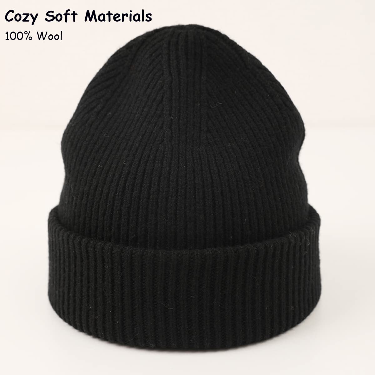 YUONNY 100% Wolle Stricken Beanie Mütze für Damen Herren, Winter Warm Weich Cuffed Beanie Hut, Winddicht Casual Gestrickte Mütze Unisex Strickmütze Skull Cap für Outdoor Ski Snowboard Black One