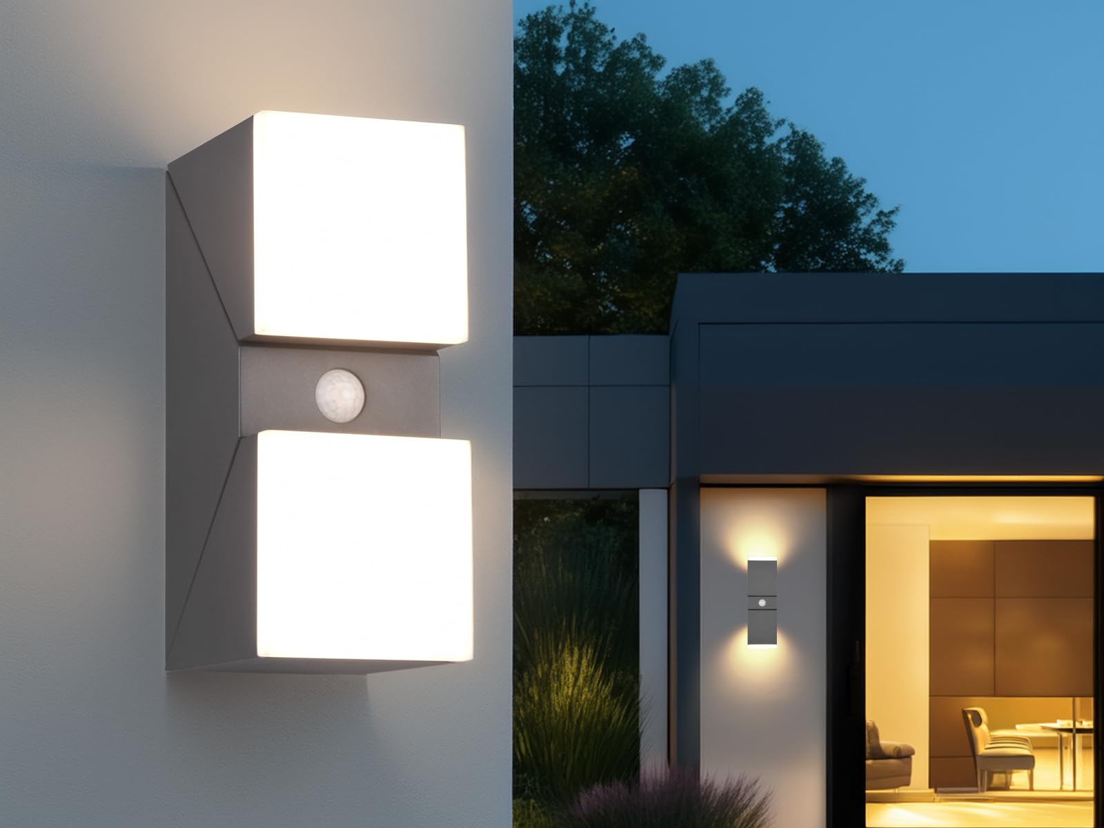 2-er Set LED Außenwandleuchten mit Bewegungsmelder, Anthrazit H: 28cm