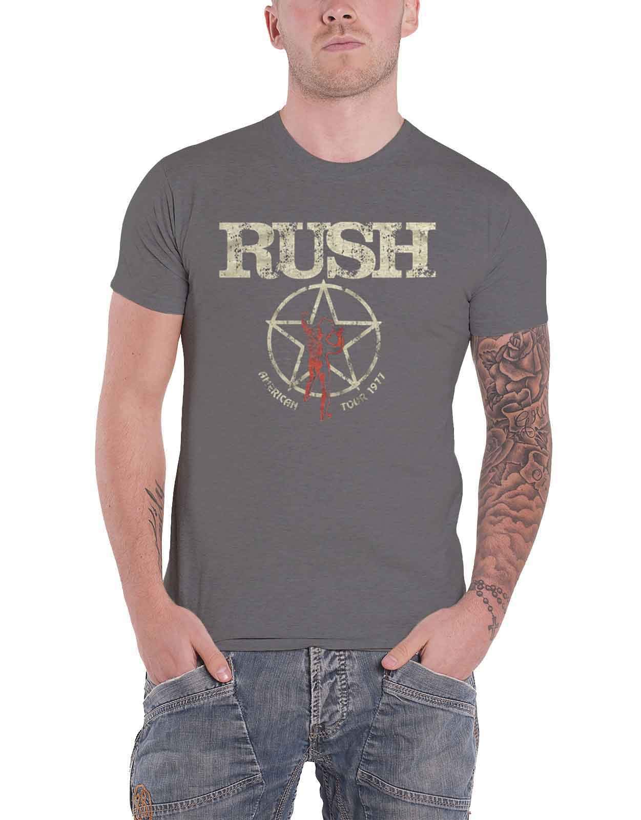 Rush Men's Grey T Shirt American Tour 1977 Band Logo Distressed Official Dark L