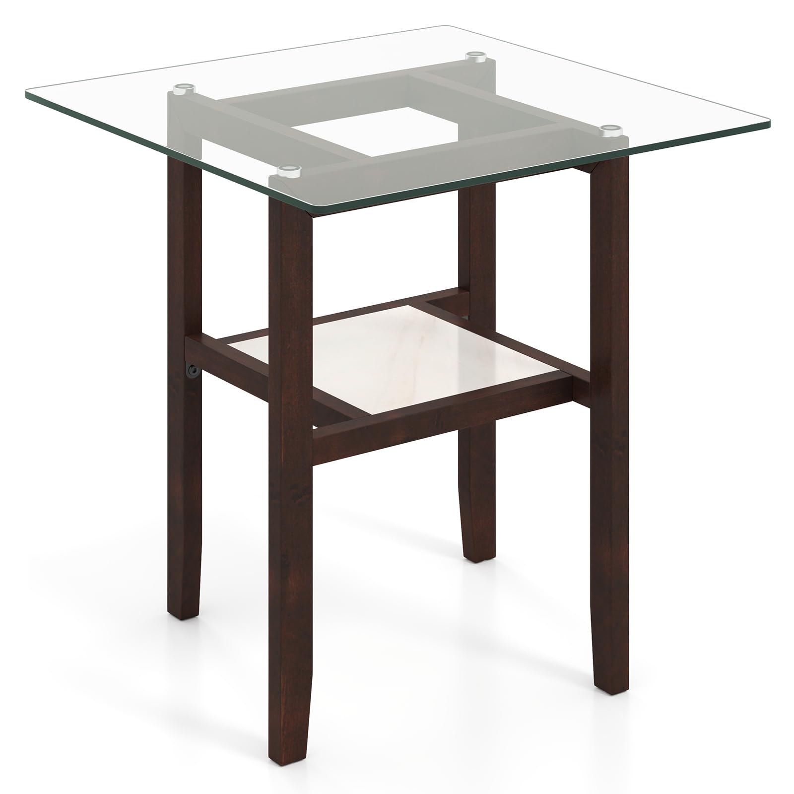 LIFEZEAL Tavolino da Divano, Tavolino Laterale da Caffè, da Soggiorno, in Legno Massello e Vetro Temperato, a 2 Ripiani, Vintage, Basso, Max 68 kg, 61x61x62 cm, Montaggio Semplice, Marrone Rustico
