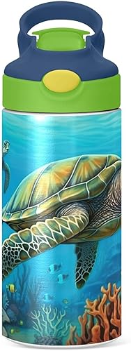 Miniatura 2 de Kigai Sea Turtle - Botella de agua para niños, botellas aisladas al vacío con tapa con popote, botellas de acero inoxidable a prueba de fugas para