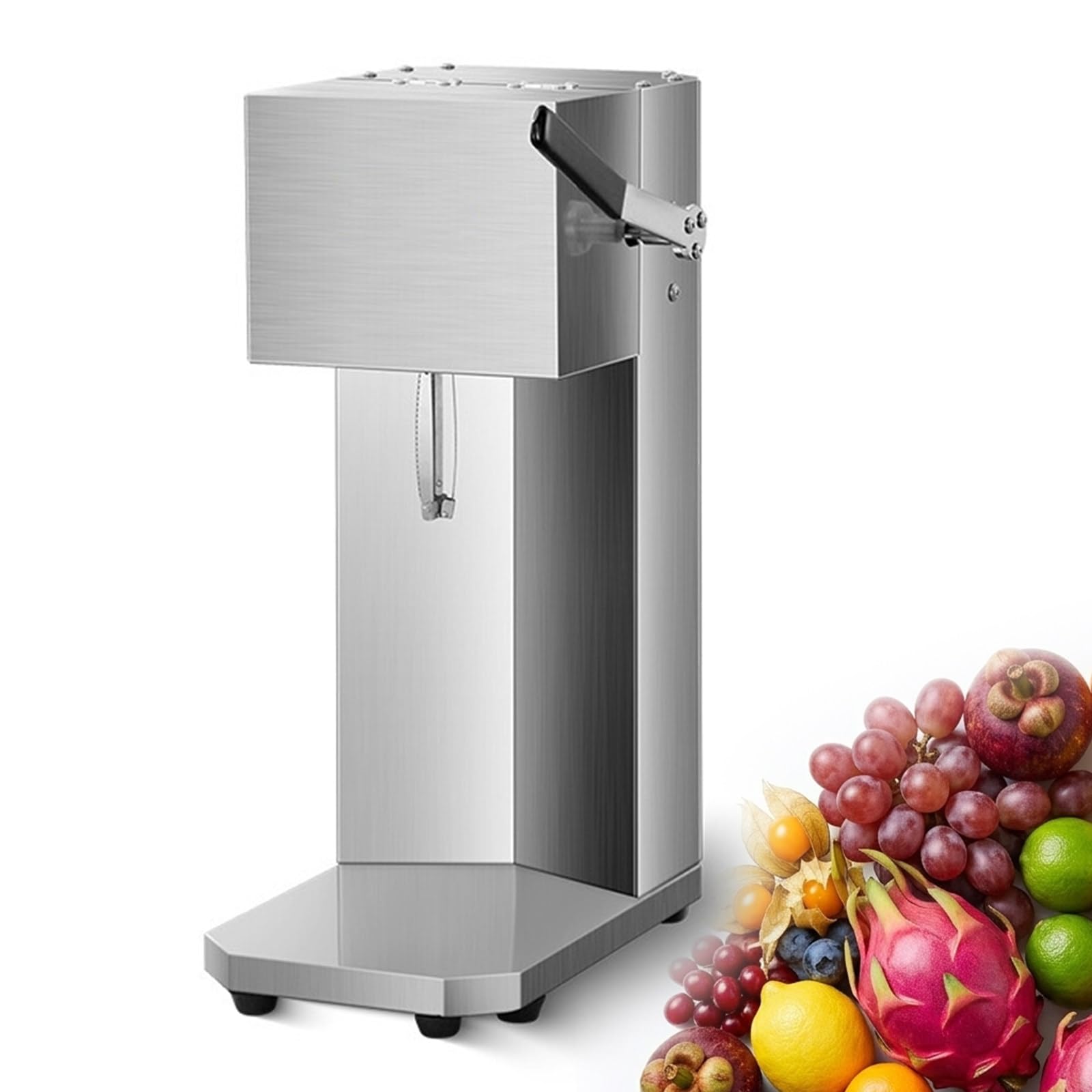 Extractor de zumos profesional con base para vasos integrada, diseño estable para cafeterías y bares de zumos, tamaño compacto de 18x30x46 cm para espacios concurridos.