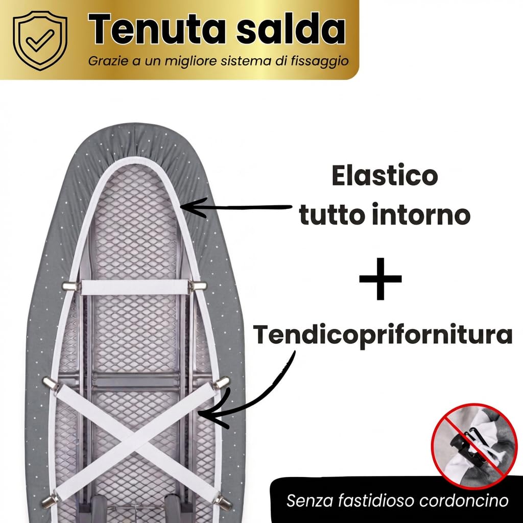 Copriasse da stiro 120x40 cm - Copriasse da stiro in cotone - Adatto alla stiratura a vapore - Imbottitura extra spessa + elastico e tenditori, 115-122 cm - 35-45 cm