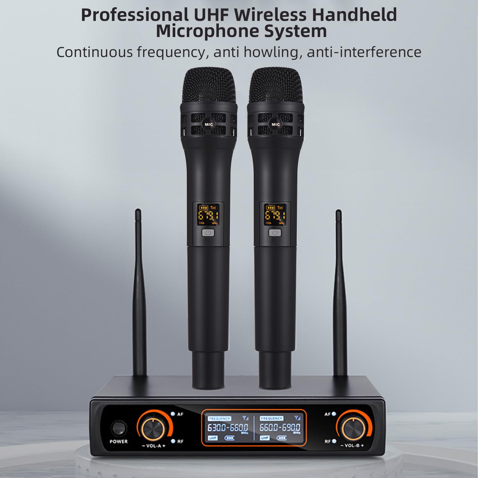 Jemora microfonico portatile wireless UHF professionale a 16 canali 2 microfoni 1 ricevitore Cavo audio da 6,35 mm Display LCD Microfono e ricevitore cardioide 16 canali per Karaoke Feste in