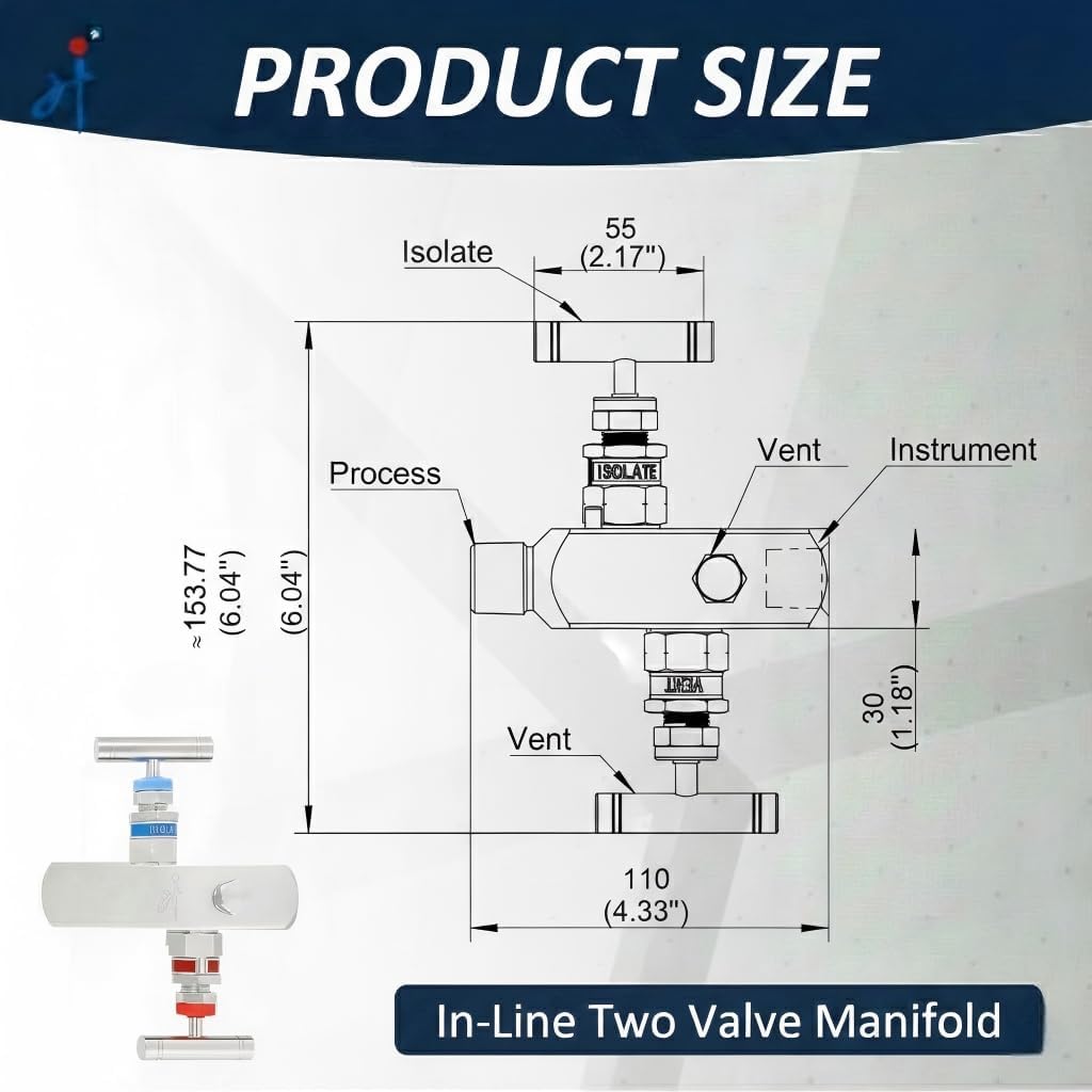 2 Valve Manifold 316 Stainless Steel 2 Way High Pressure Manifold Gas Distributor for Pressure Gauges and Pressure Transmitters