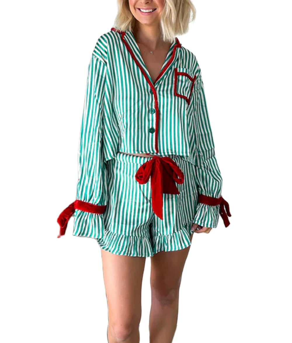 ZZEVOLSSWomen Cute Christmas Pajamas Shorts Set Bow Tie Long Sleeve Shirt Shorts Lounge Set Silk Satin Pjs Holiday Sleepwear