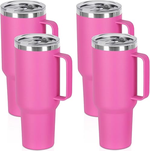 Paquete de 4 vasos de 40 onzas con asa y pajilla, taza aislada al vacío de doble pared de acero inoxidable, taza de café de viaje de 40 onzas a
