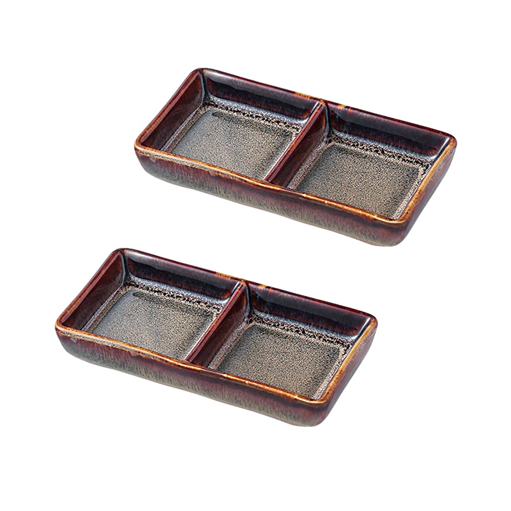 Colias Wing 2 Compartment Divided Rectangle Porcelain Side Dish Bowl Seasoning Dishes Soy Dipping Sauce Dishes-Set of 2-Black/Grey/Blue