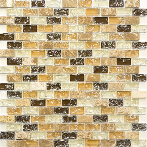 Mosaïque brique cristal / pierre mix emperador clair mosaïque en verre translucide 3D, format de la pierre de mosaïque : 15 x 30 x 8 mm, dimensions de la feuille : 300 x 285 mm, 10 feuilles