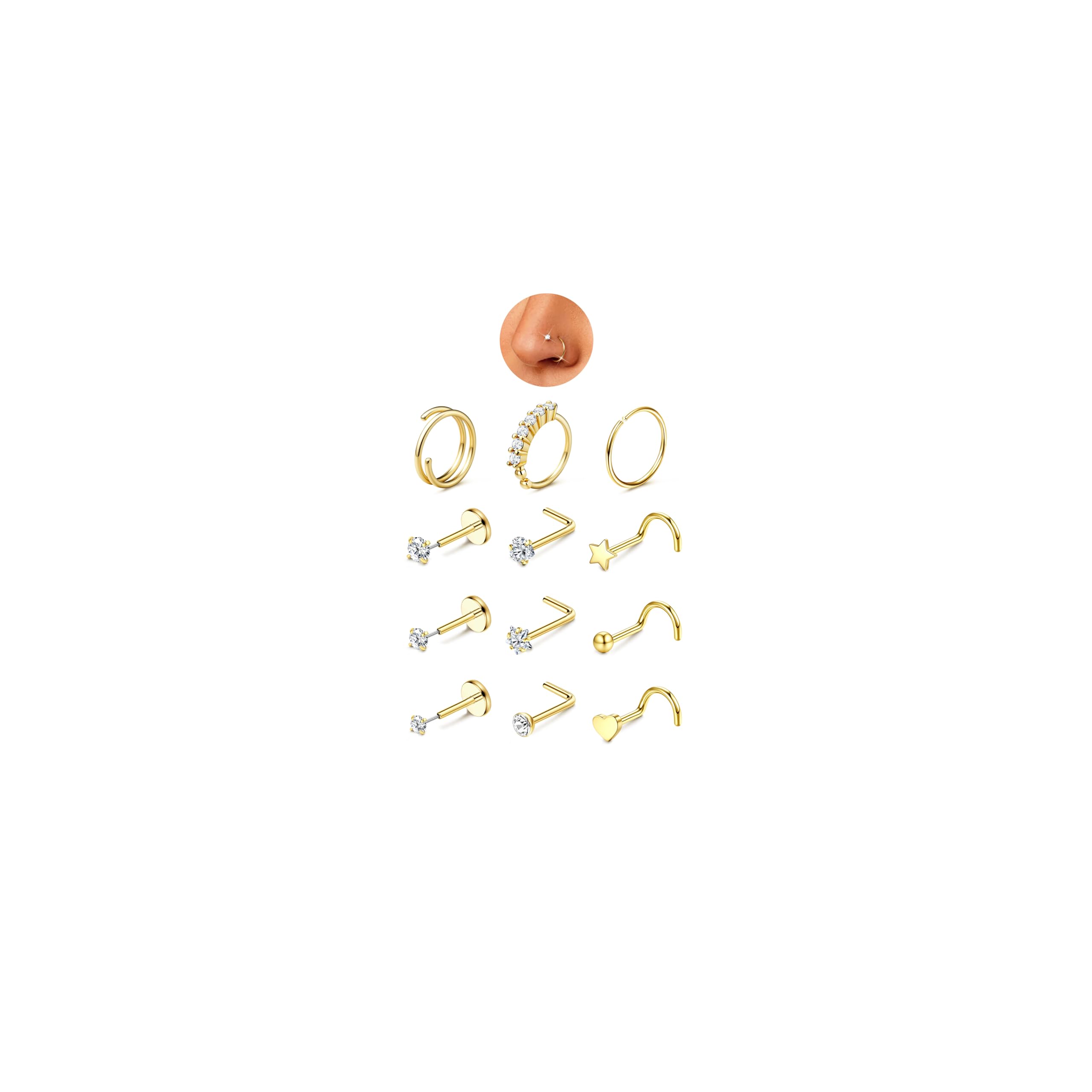 JeryWe Nose Rings for Women - 14K Gold Filled Hypoallergenic Surgical Steel Nose Ring Hoops CZ Lip Ring