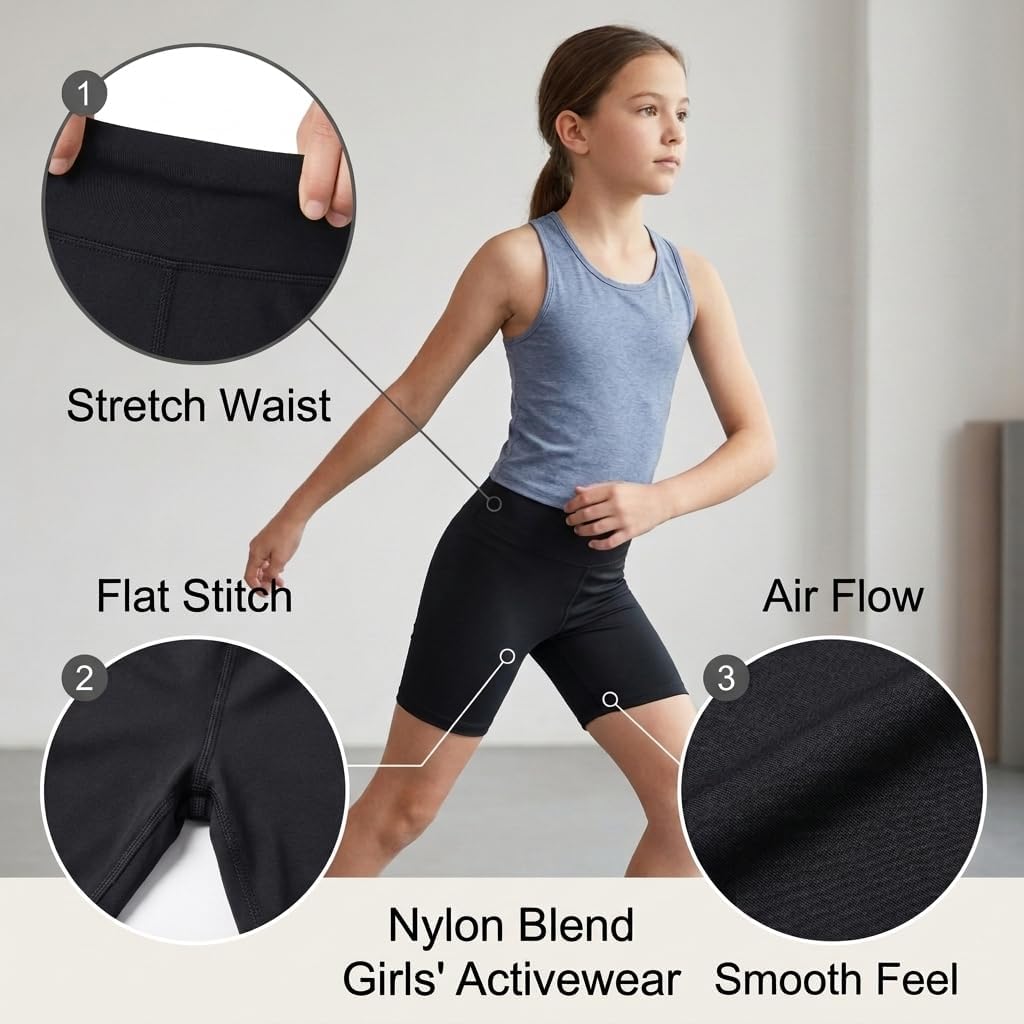 Jeffbaubl 3 Pack Girls Athletic Shorts, High Waisted Biker Shorts for Yoga, Volleyball, Running, Gymnastics for Kids 9-10 Years, Black