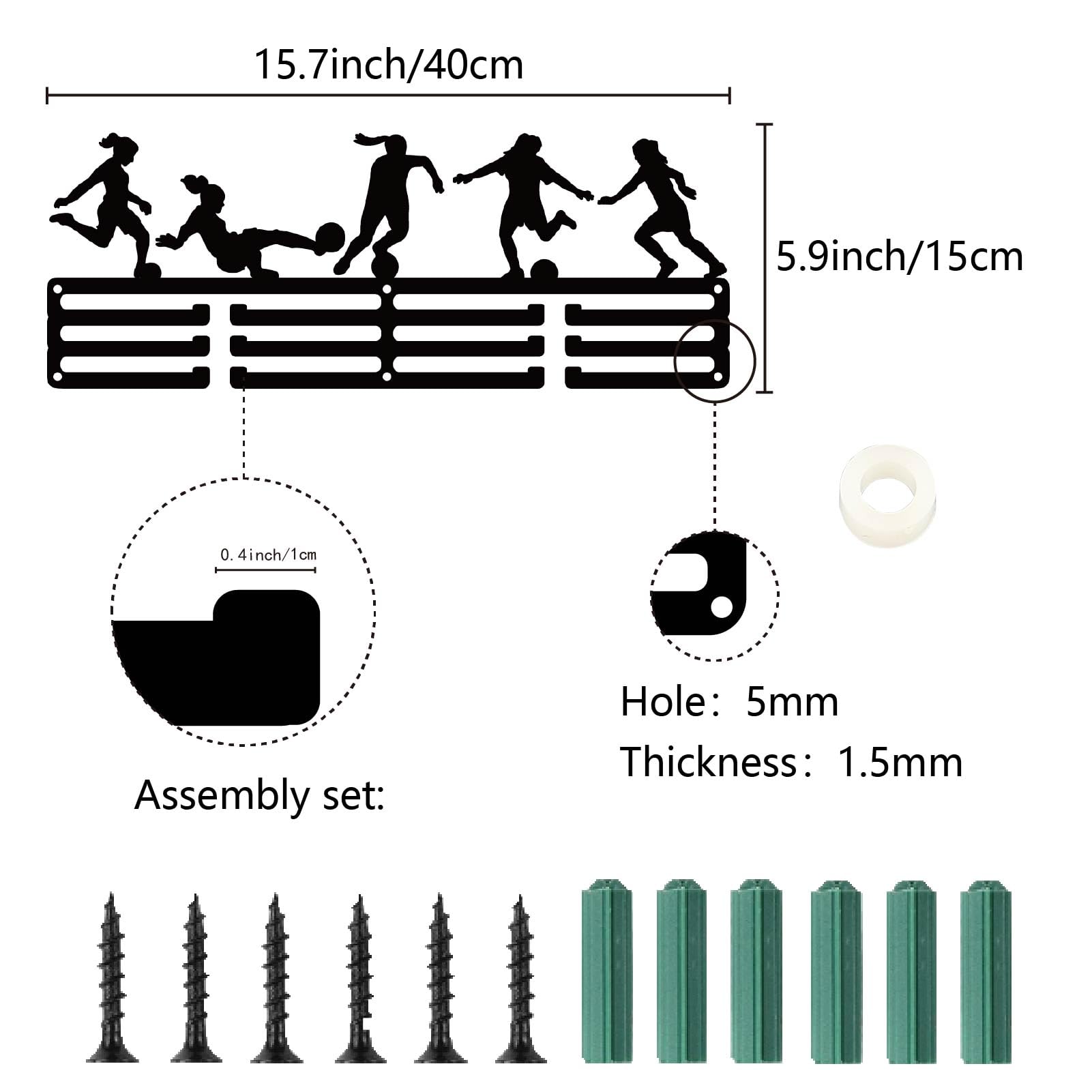 CREATCABIN Espositore per Medaglie da Calcio in Metallo da Parete per Calcio Femminile in Ferro Nero per Contenere 60+ premi Nastri Organizer con 12 Ganci per Atleti di Calcio 40x15cm