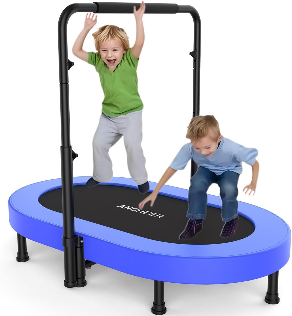 ANCHEER 56" Double Mini Trampoline for Kids - 5-Level Adjustable Handle, 220lbs Capacity, Safe Indoor/Outdoor Toddler Rebounder